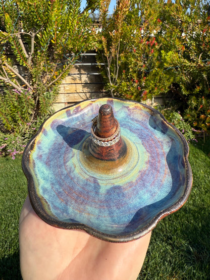 Ceramic Ring Dish, for Jewelry, Purple Blue Metallic Silver Glaze