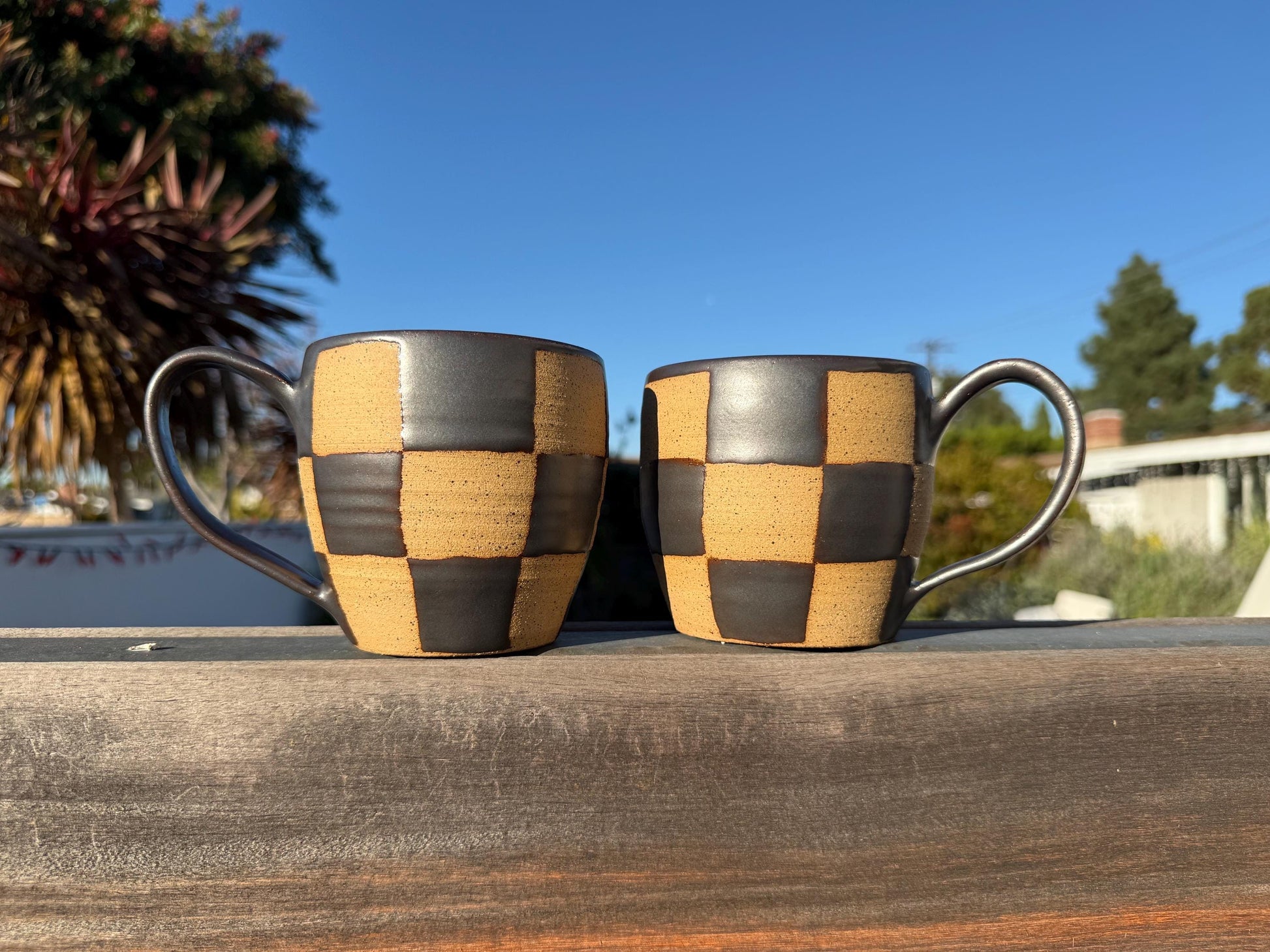 Checkered Mugs, Hand-Painted Wax Resist, Large 20+ oz. Capacity Mugs with Comfortable Handles