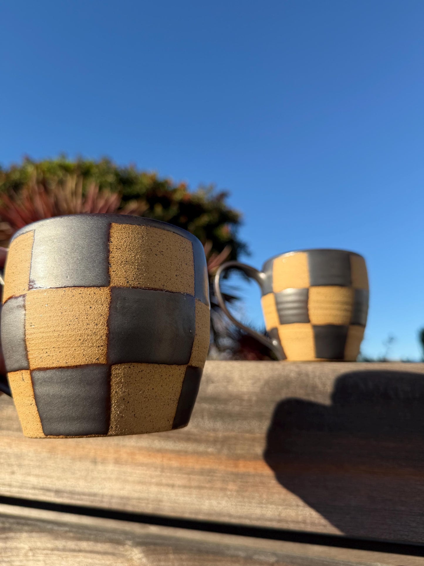Checkered Mugs, Hand-Painted Wax Resist, Large 20+ oz. Capacity Mugs with Comfortable Handles