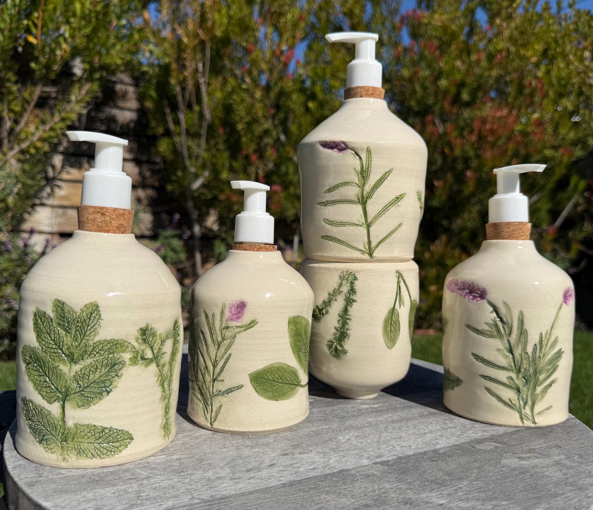 Liquid Soap or Lotion Dispensers, Hand-Pressed & Painted Lavender Floral and Herbs