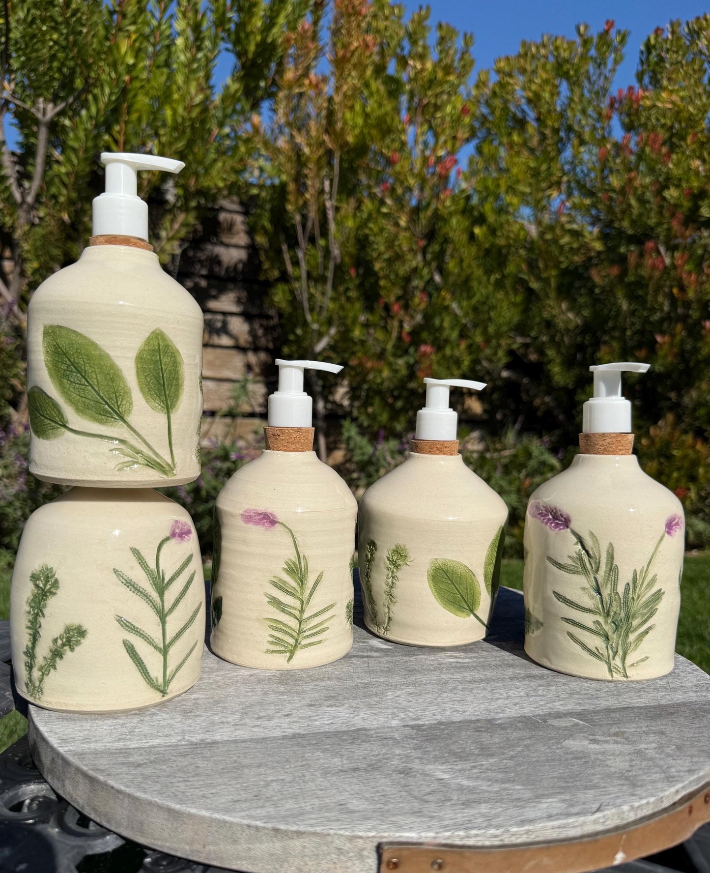 Liquid Soap or Lotion Dispensers, Hand-Pressed & Painted Lavender Floral and Herbs
