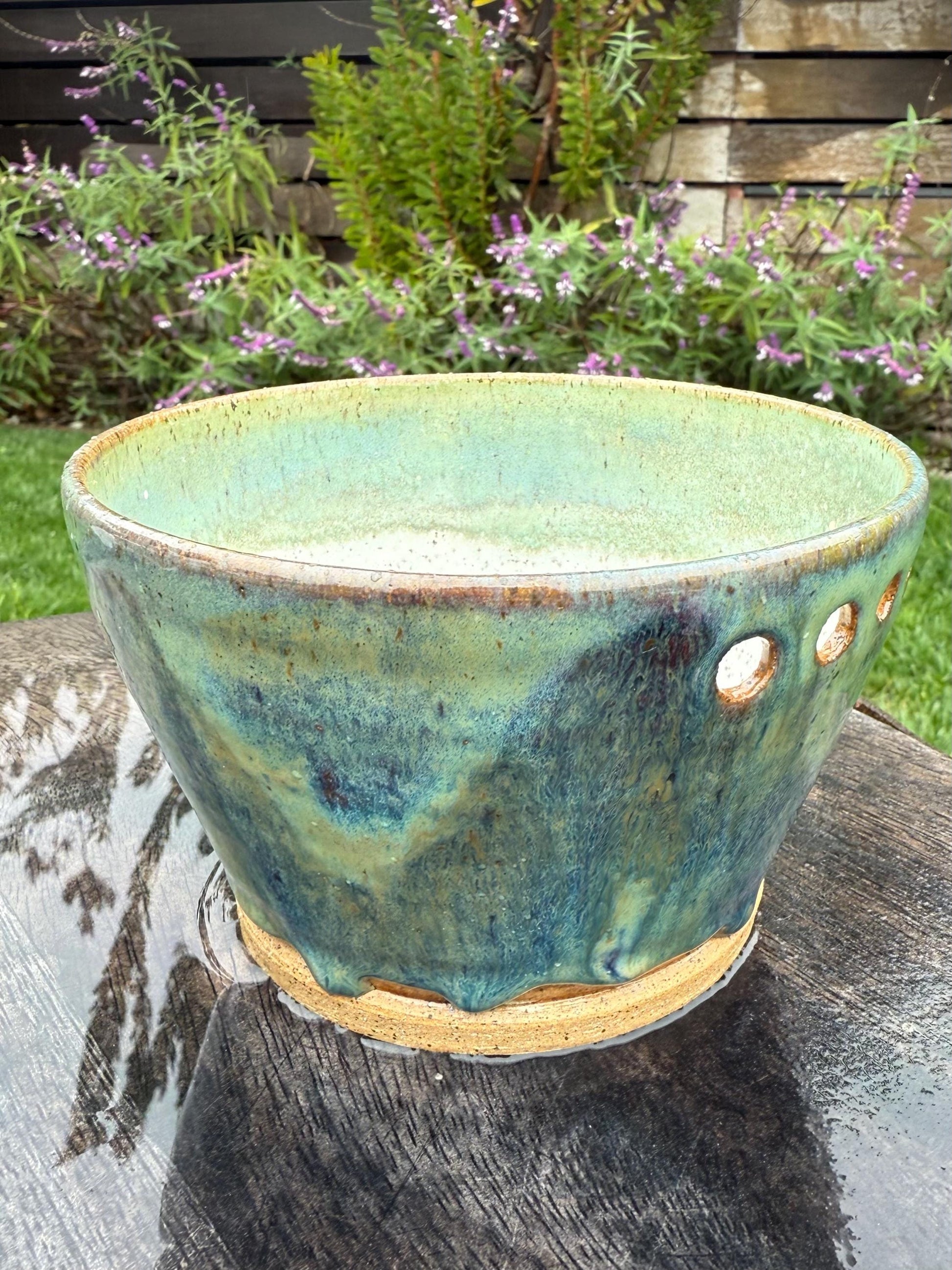 Blue and green sea inspired ocean glazed stoneware, Handmade mix and grate bowl, garlic grater, functional countertop art - Ceramics By Court