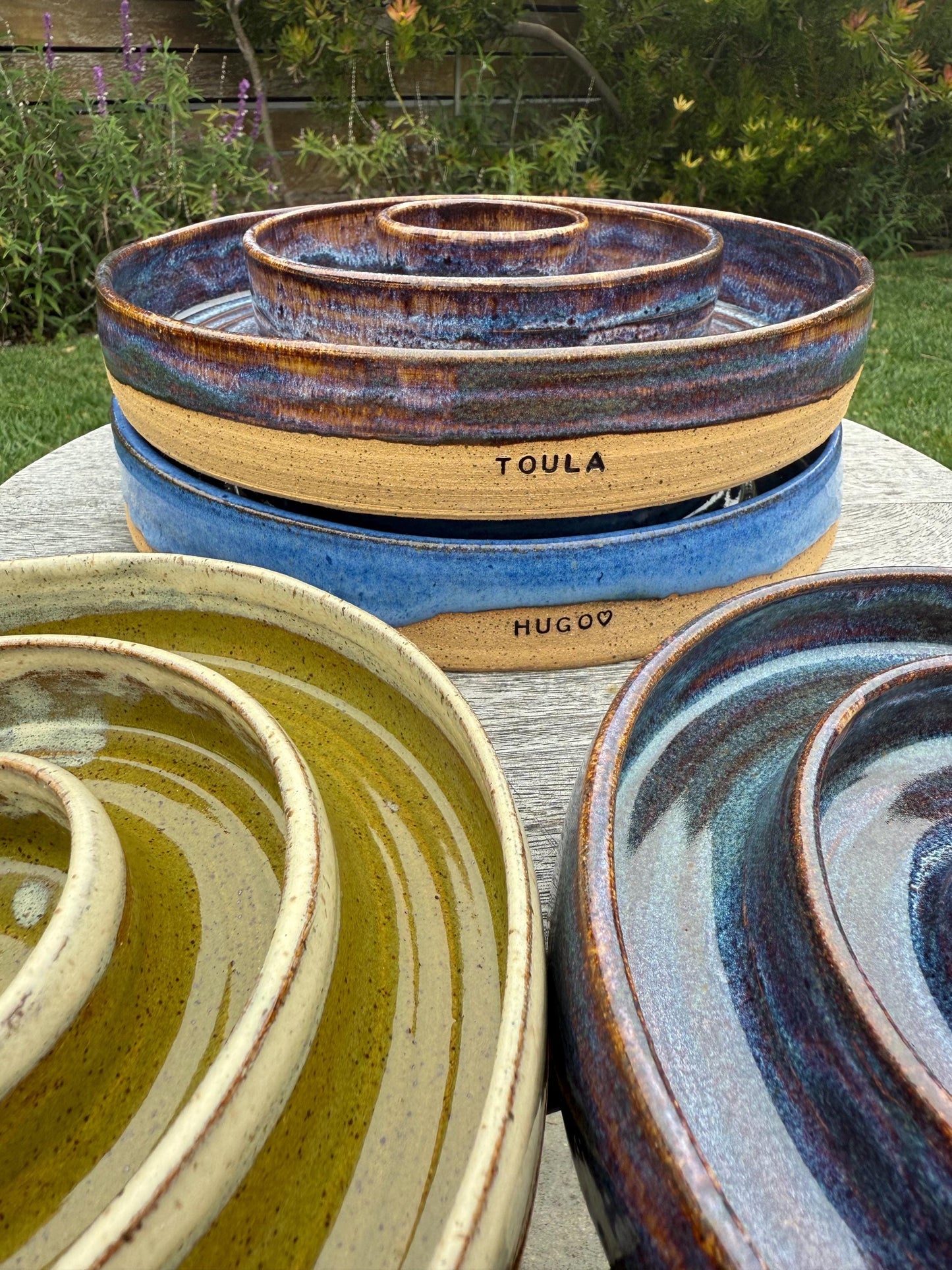Personalized wheel-thrown stoneware slow feeder pet bowl, handmade ceramic dog dish with 3 ring compartments, dishwasher safe - Ceramics By Court