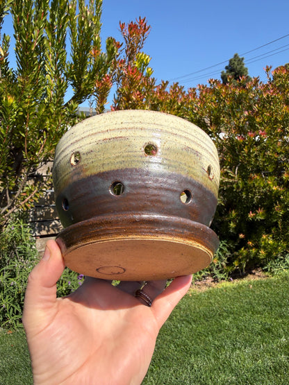 Colander Berry Bowl with Built-in Saucer, Pottery