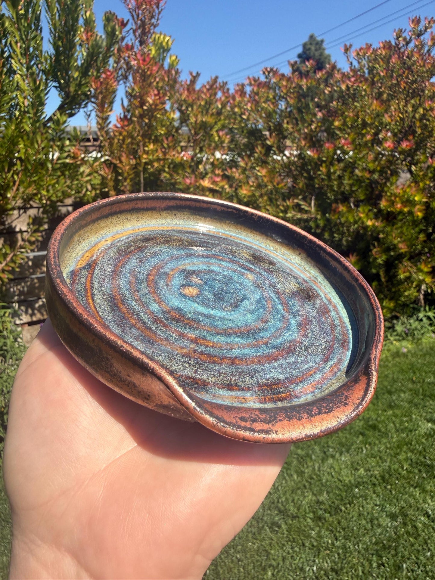 Handmade ceramic spoon rest, copper deep sea blue handpainted glazes, wheel-thrown stoneware kitchen decor and art for your countertop, dishwasher safe - Ceramics By Court