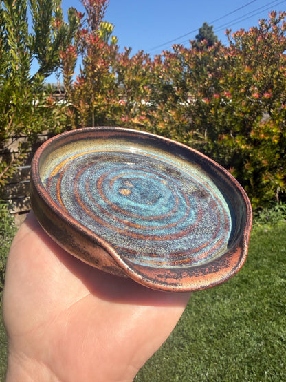 Handmade ceramic spoon rest, copper deep sea blue handpainted glazes, wheel-thrown stoneware kitchen decor and art for your countertop, dishwasher safe - Ceramics By Court