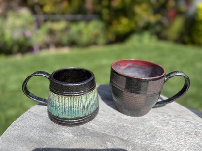 Handmade carved stoneware mug, A-shape coffee cup with stable base and comfortable handle, made with black clay and sparkly black glaze - Ceramics By Court