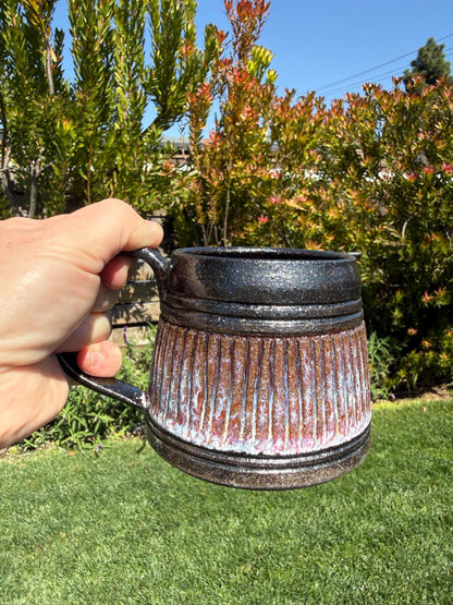 Handmade carved stoneware mug, A-shape coffee cup with stable base and comfortable handle, made with black clay and sparkly black glaze - Ceramics By Court