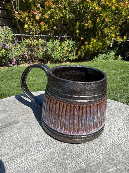 Handmade carved stoneware mug, A-shape coffee cup with stable base and comfortable handle, made with black clay and sparkly black glaze - Ceramics By Court