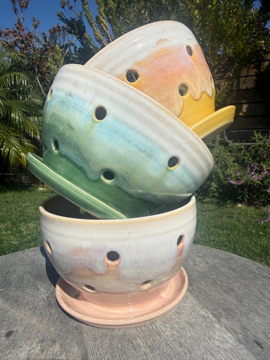 Colander Berry Bowl with Built-in Saucer, Pottery