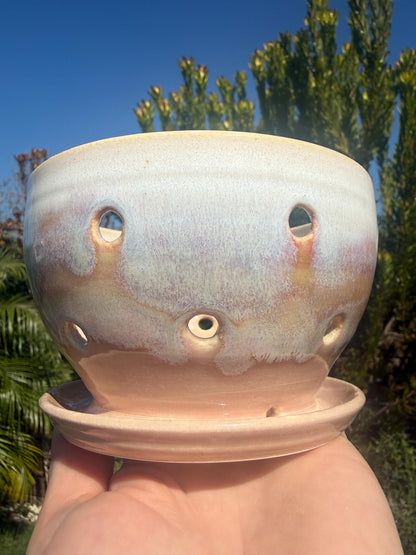 Colander Berry Bowl with Built-in Saucer, Pottery