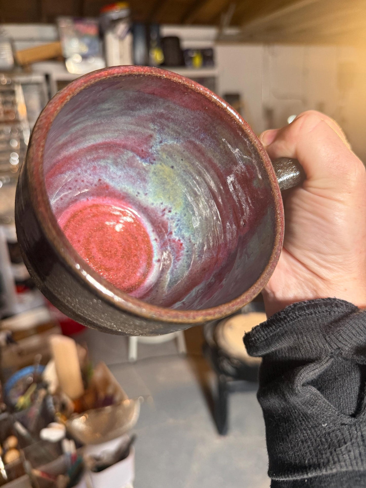Checkered Mugs, Hand-Painted Wax Resist, Large Mugs with Comfortable Handles