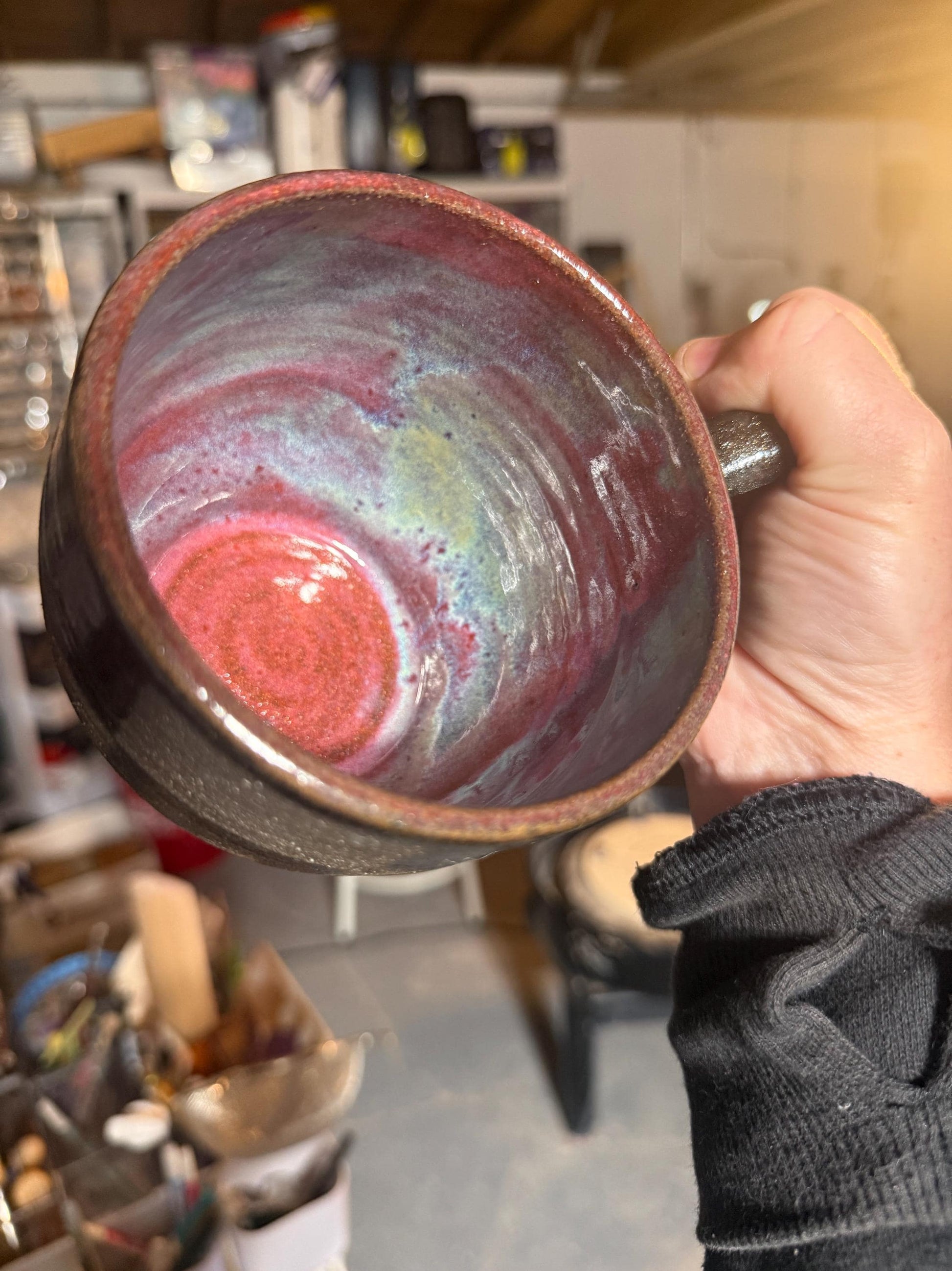 Checkered Mugs, Hand-Painted Wax Resist, Large Mugs with Comfortable Handles