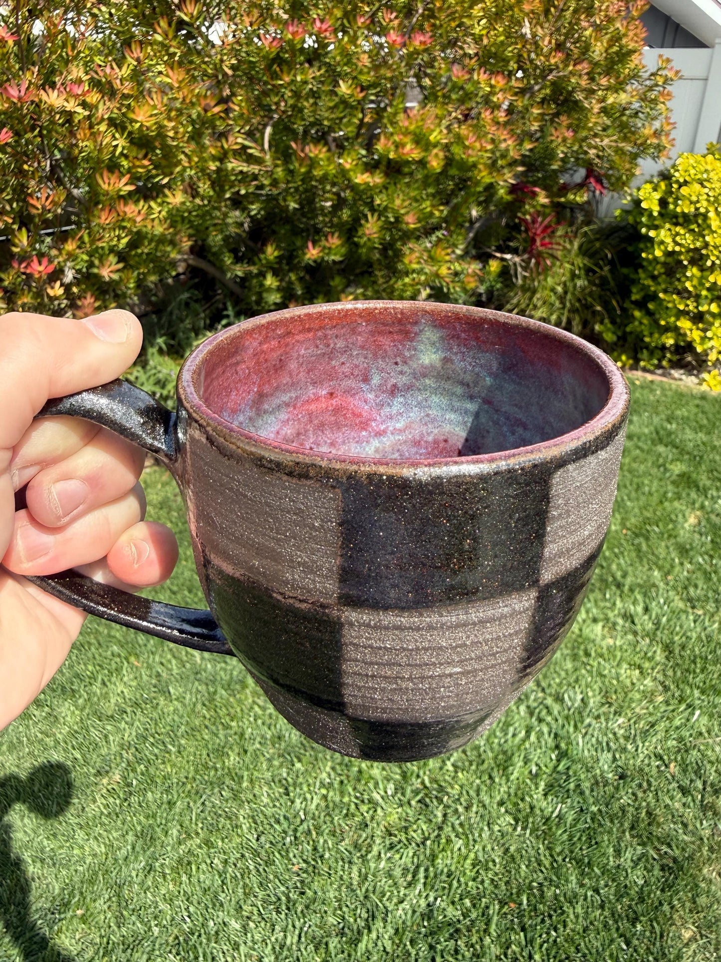 Checkered Mugs, Hand-Painted Wax Resist, Large Mugs with Comfortable Handles