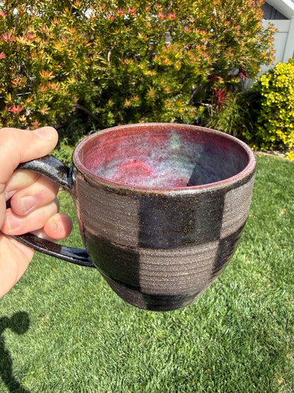 Checkered Mugs, Hand-Painted Wax Resist, Large Mugs with Comfortable Handles
