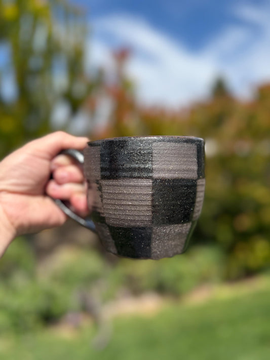 Checkered Mugs, Hand-Painted Wax Resist, Large Mugs with Comfortable Handles