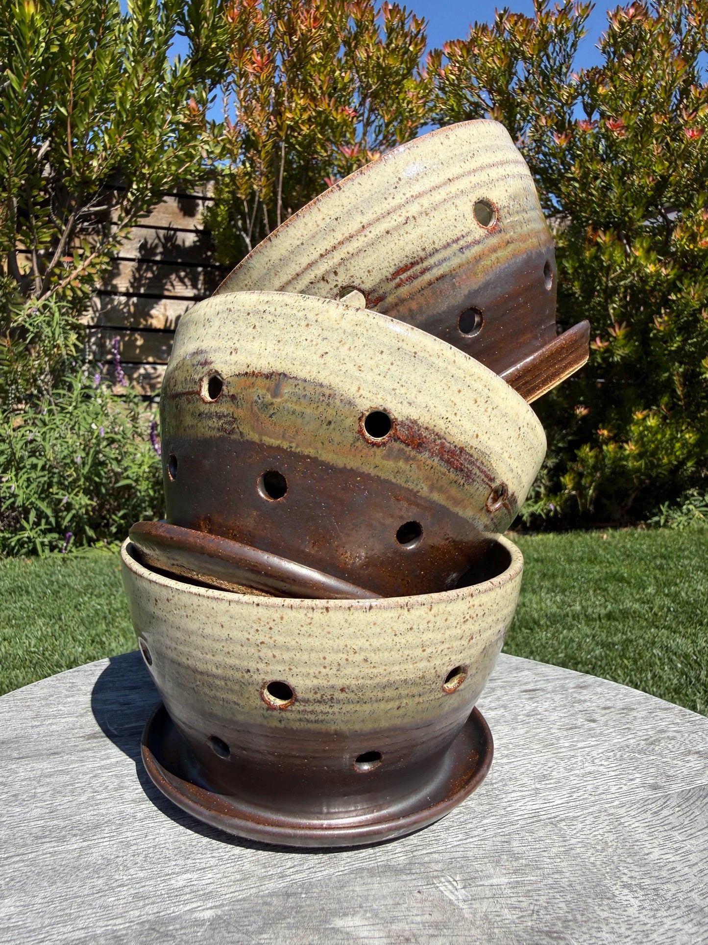 Colander Berry Bowl with Built-in Saucer, Pottery