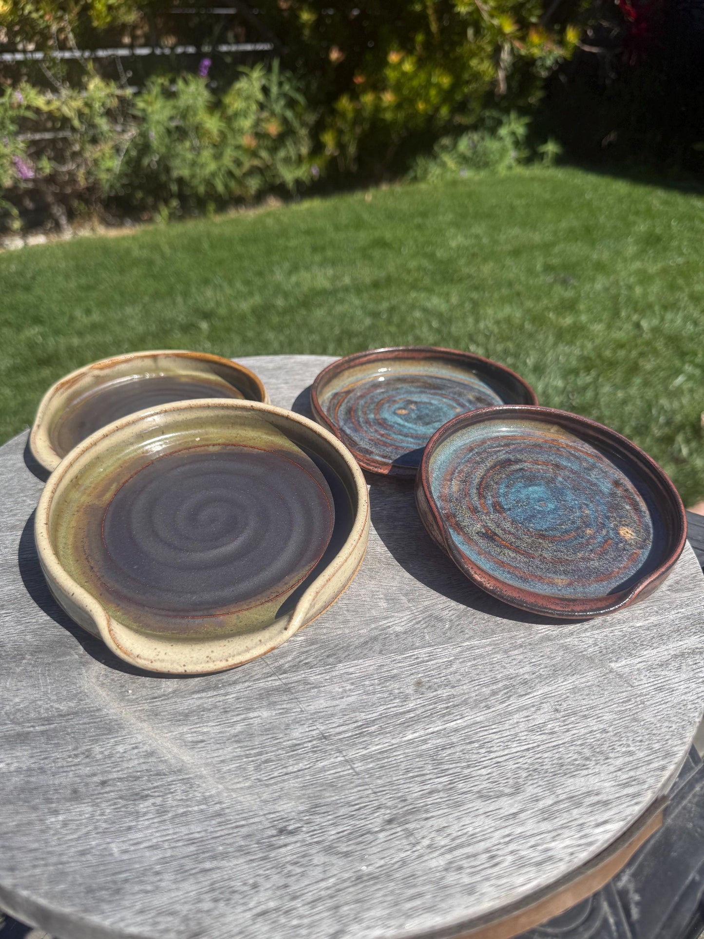 Handmade ceramic spoon rest, multiple pieces espresso oat glaze and copper deep sea blue handpainted glazes, wheel-thrown stoneware kitchen decor and art for your countertop, dishwasher safe - Ceramics By Court