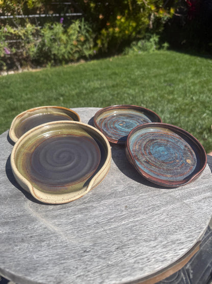 Handmade ceramic spoon rest, multiple pieces espresso oat glaze and copper deep sea blue handpainted glazes, wheel-thrown stoneware kitchen decor and art for your countertop, dishwasher safe - Ceramics By Court