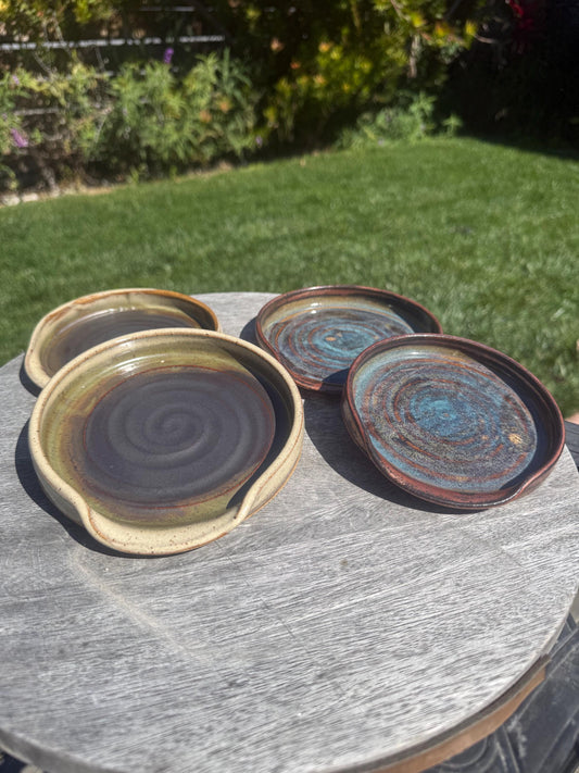 Handmade ceramic spoon rest, multiple pieces espresso oat glaze and copper deep sea blue handpainted glazes, wheel-thrown stoneware kitchen decor and art for your countertop, dishwasher safe - Ceramics By Court