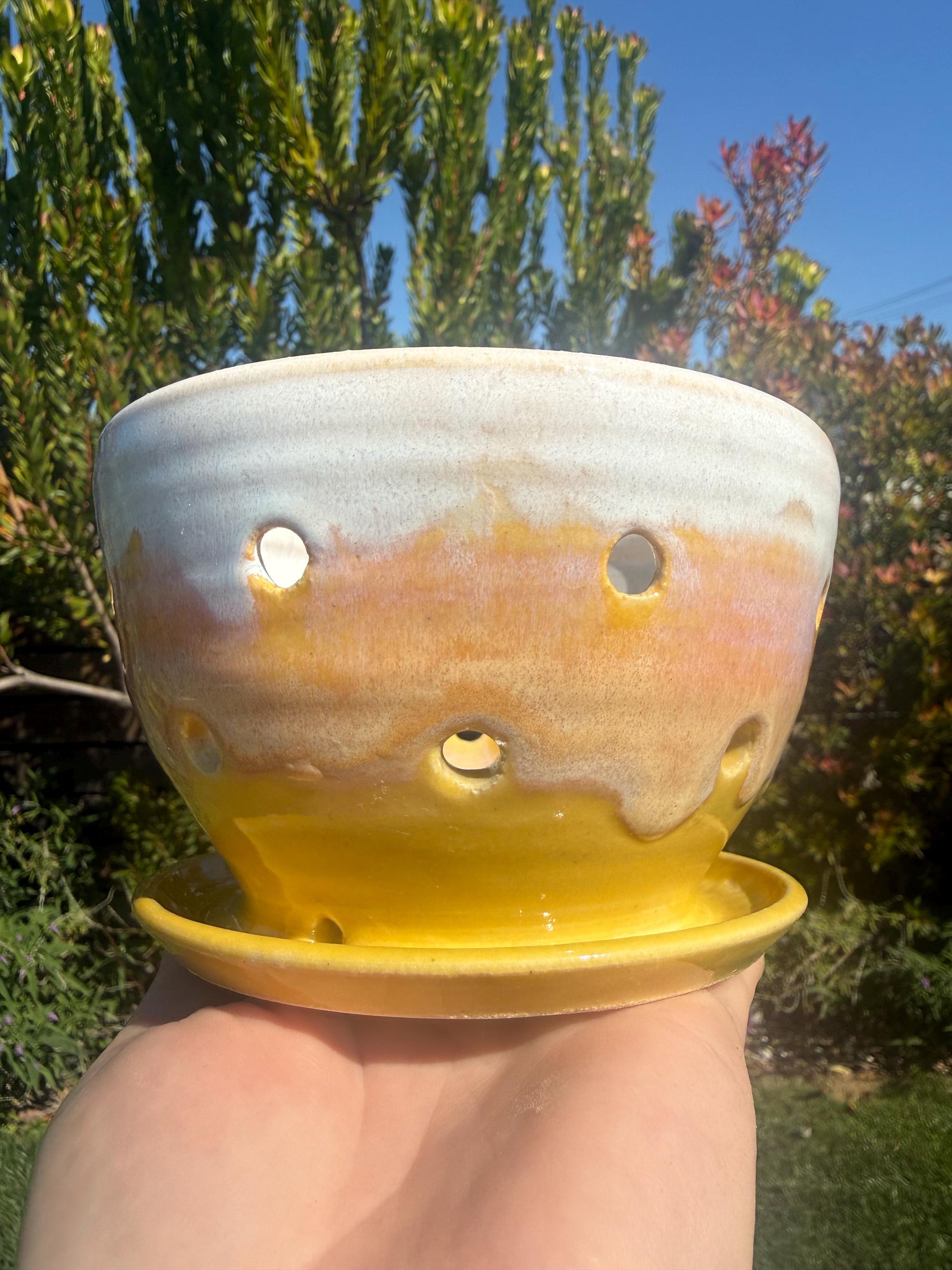 Colander Berry Bowl with Built-in Saucer, Pottery