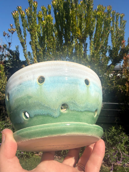 Colander Berry Bowl with Built-in Saucer, Pottery