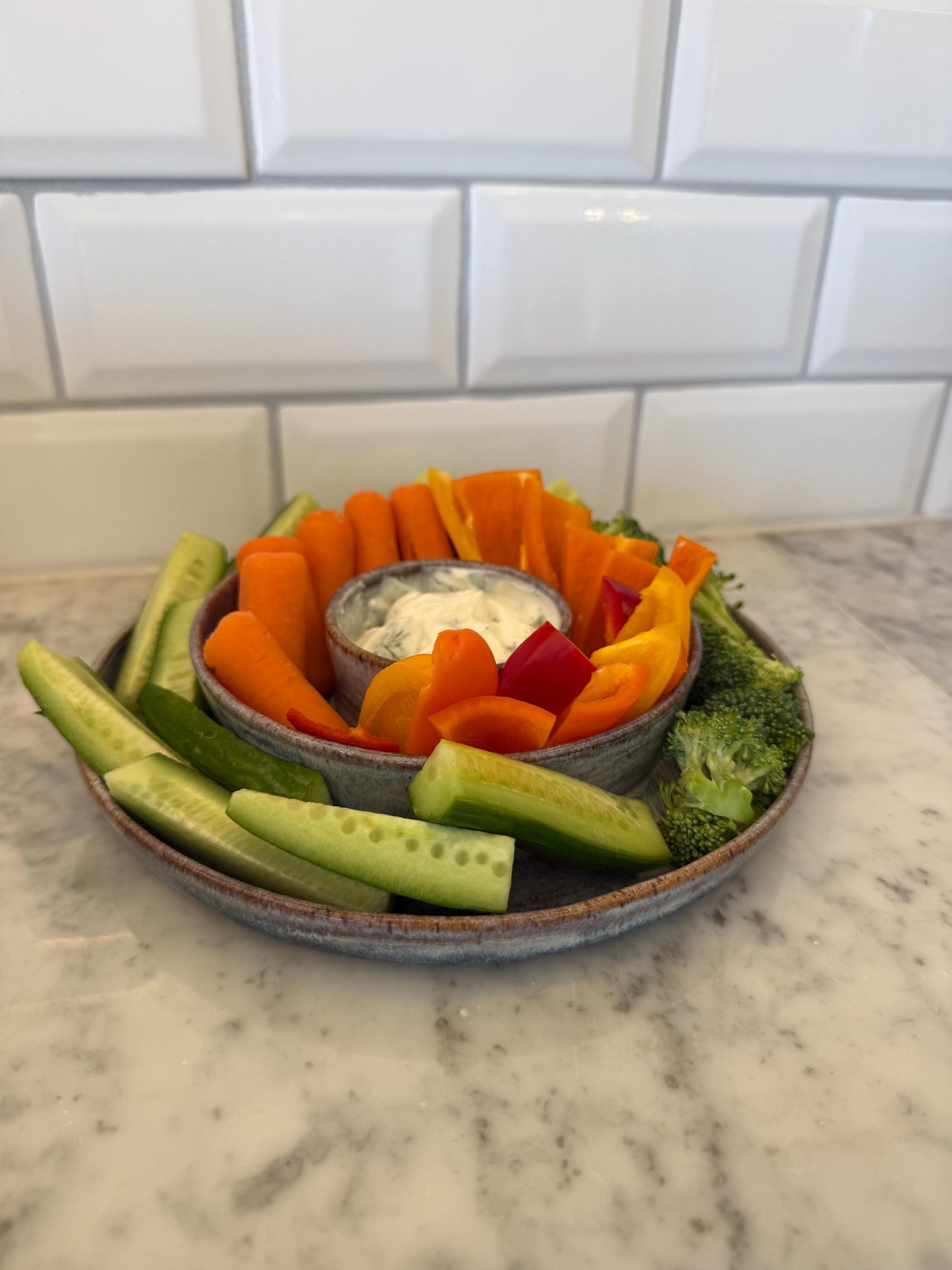 Handmade Chip n’ Dip Dish, 9” wide Dishwasher-Safe Charcuterie 3-compartment dish, Wheel-thrown Pottery
