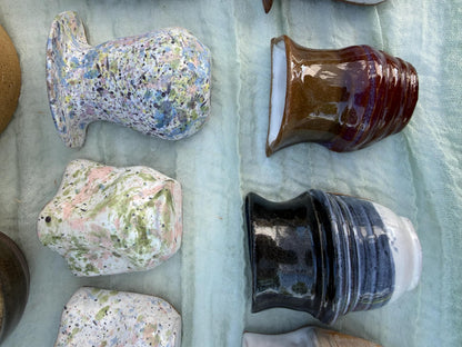 Mini ceramic fridge magnet vases in multiple glazes, overview photo of multiple, small pottery gift, handmade wheel-thrown bud vase - Ceramics By Court