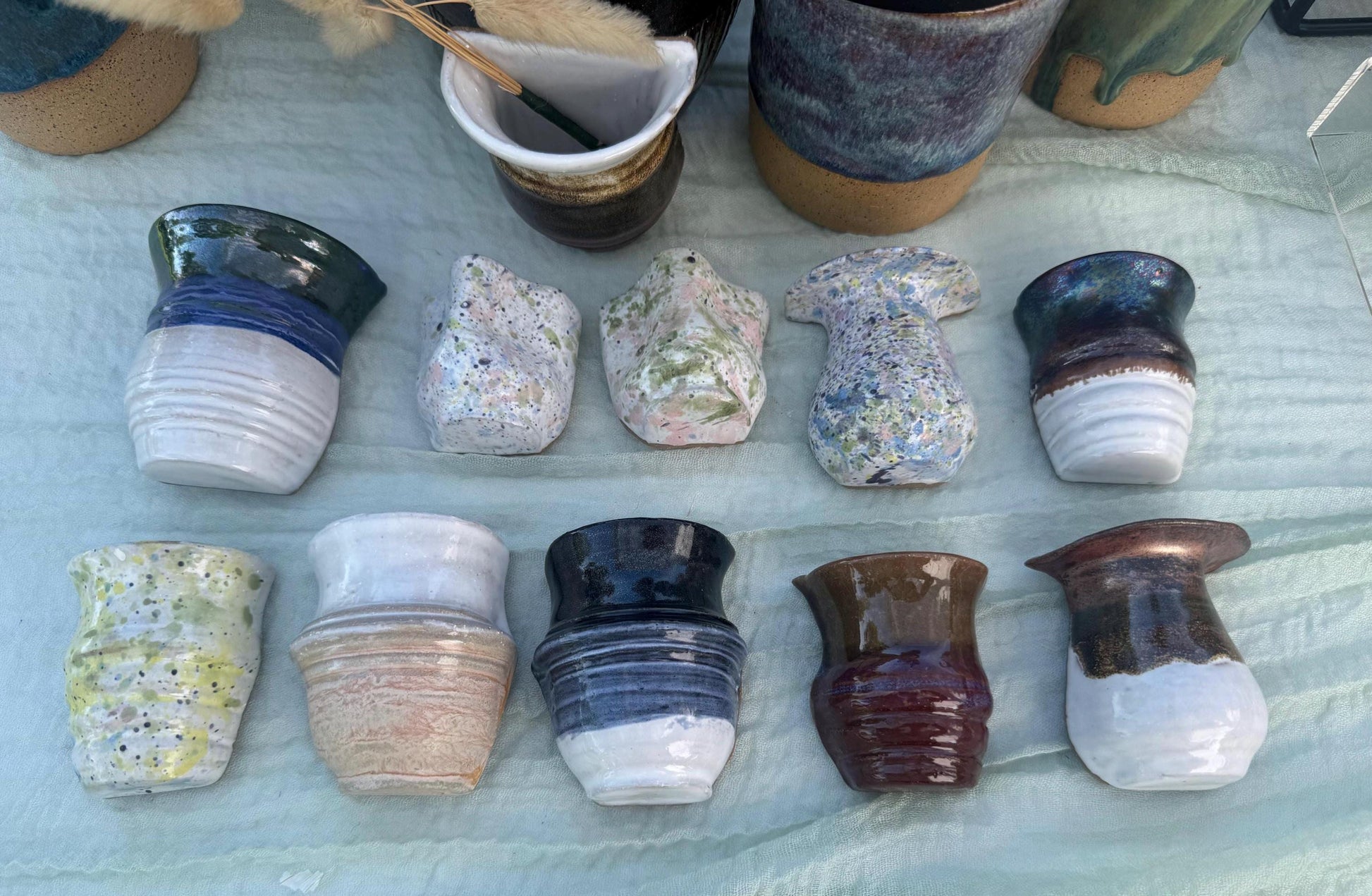 Mini ceramic fridge magnet vases in multiple glazes, overview photo of multiple, small pottery gift, handmade wheel-thrown bud vase - Ceramics By Court