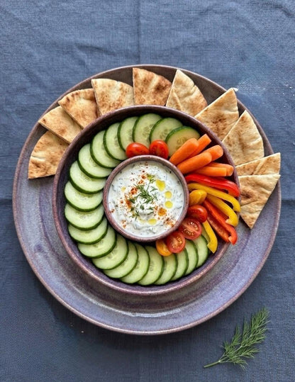 Handmade Chip n’ Dip Dish, 9” wide Dishwasher-Safe Charcuterie 3-compartment dish, Wheel-thrown Pottery
