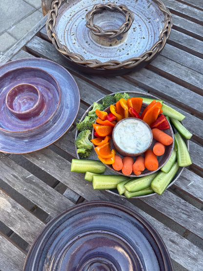 Handmade Chip n’ Dip Dish, 9” wide Dishwasher-Safe Charcuterie 3-compartment dish, Wheel-thrown Pottery