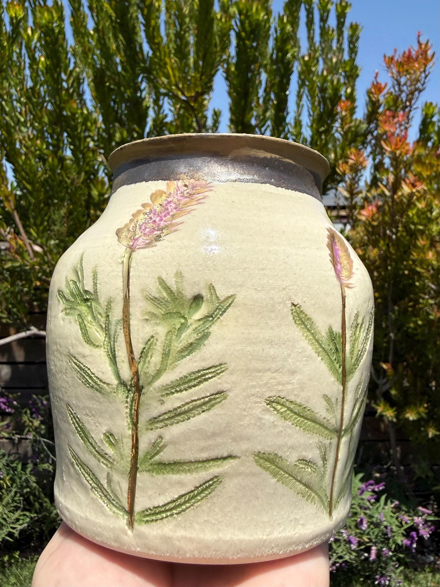 Vases with Pressed Lavender & Herbs Plant Impressions and Hand-Painted 22 Karat Gold