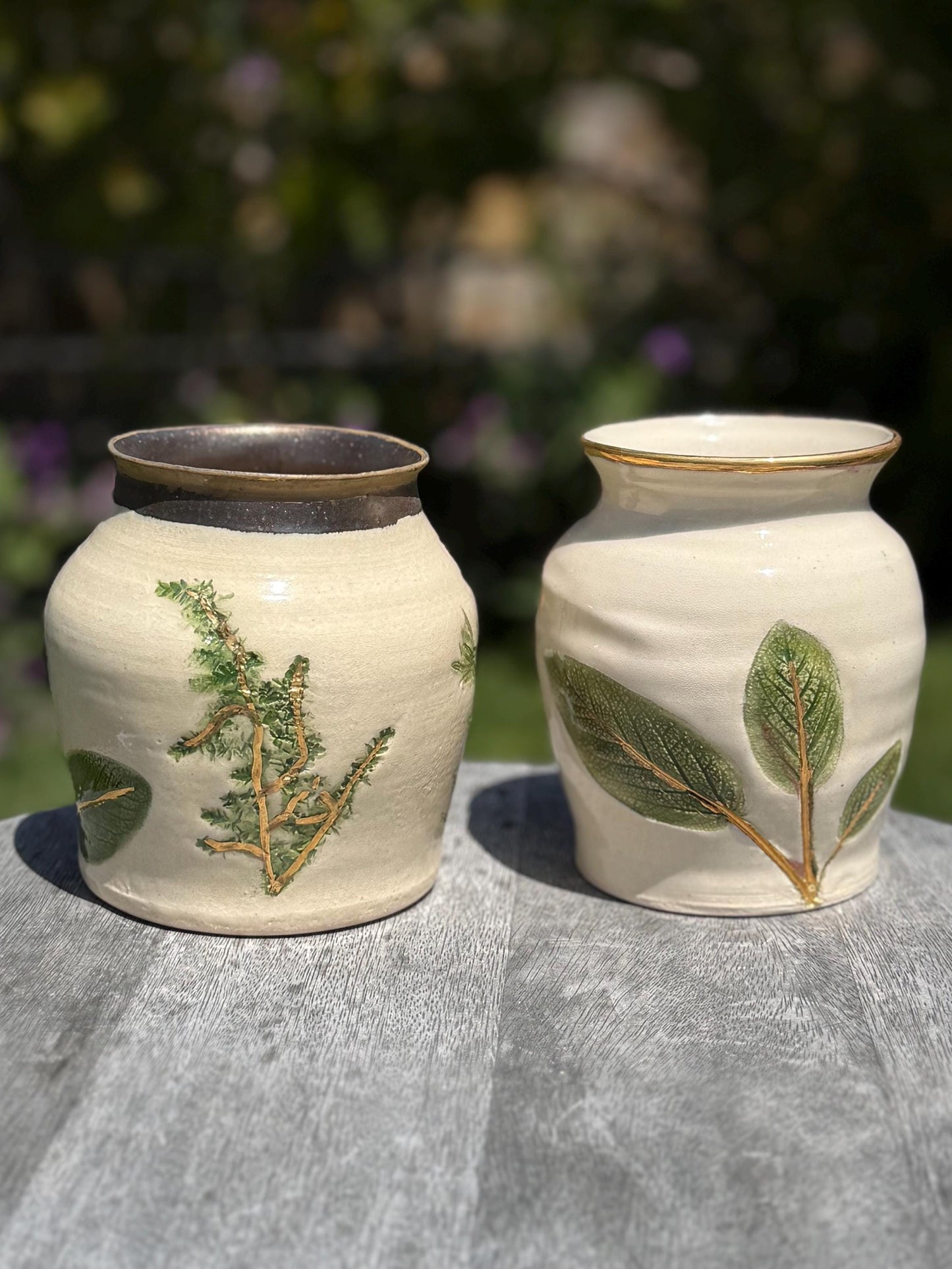Vases with Pressed Lavender & Herbs Plant Impressions and Hand-Painted 22 Karat Gold