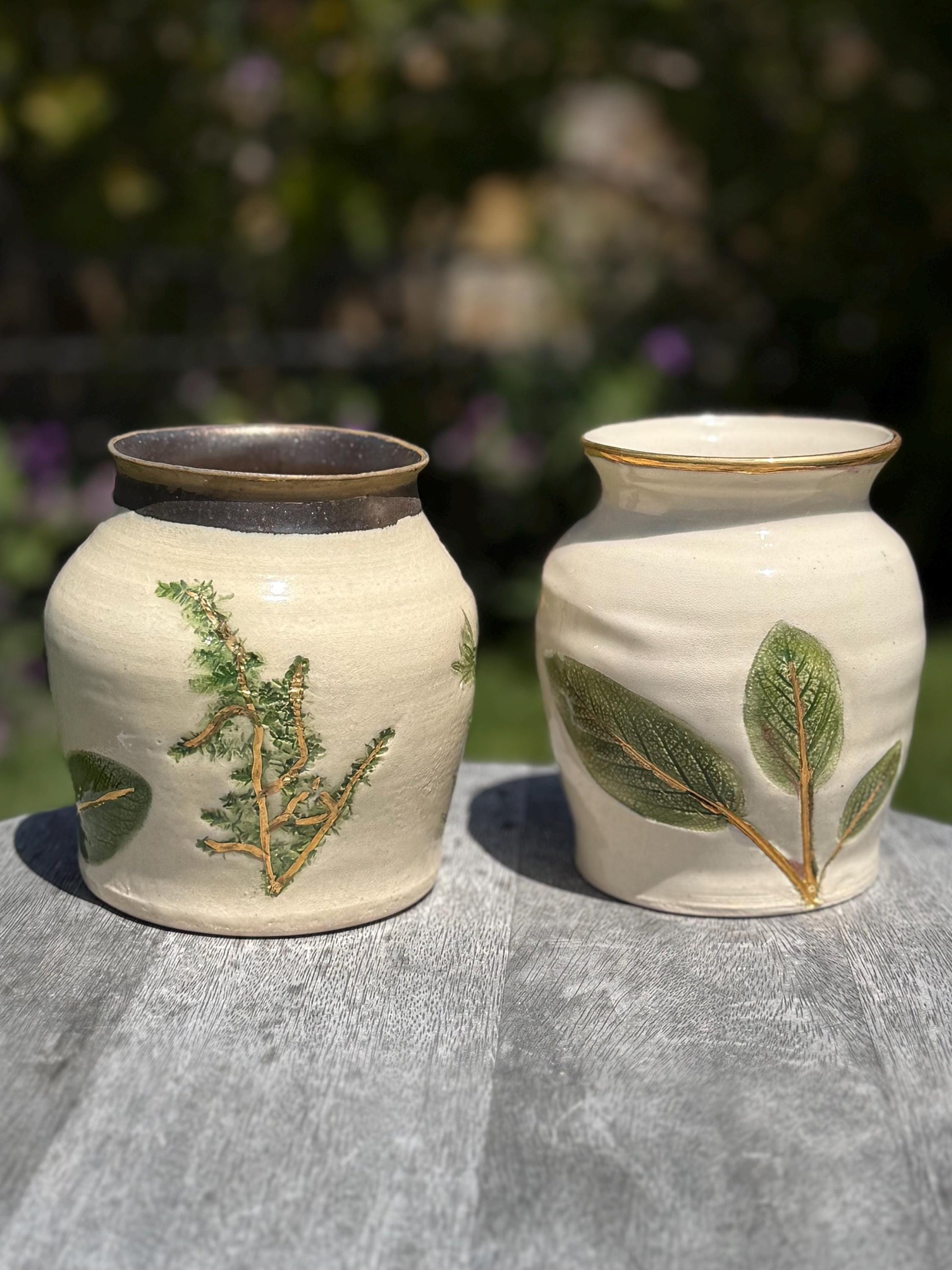 Vases with Pressed Lavender & Herbs Plant Impressions and Hand-Painted 22 Karat Gold