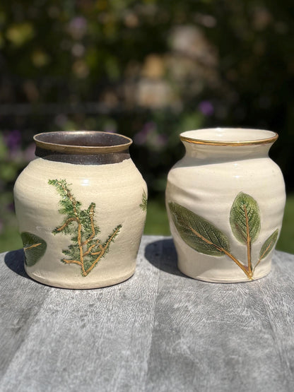 Vases with Pressed Lavender & Herbs Plant Impressions and Hand-Painted 22 Karat Gold