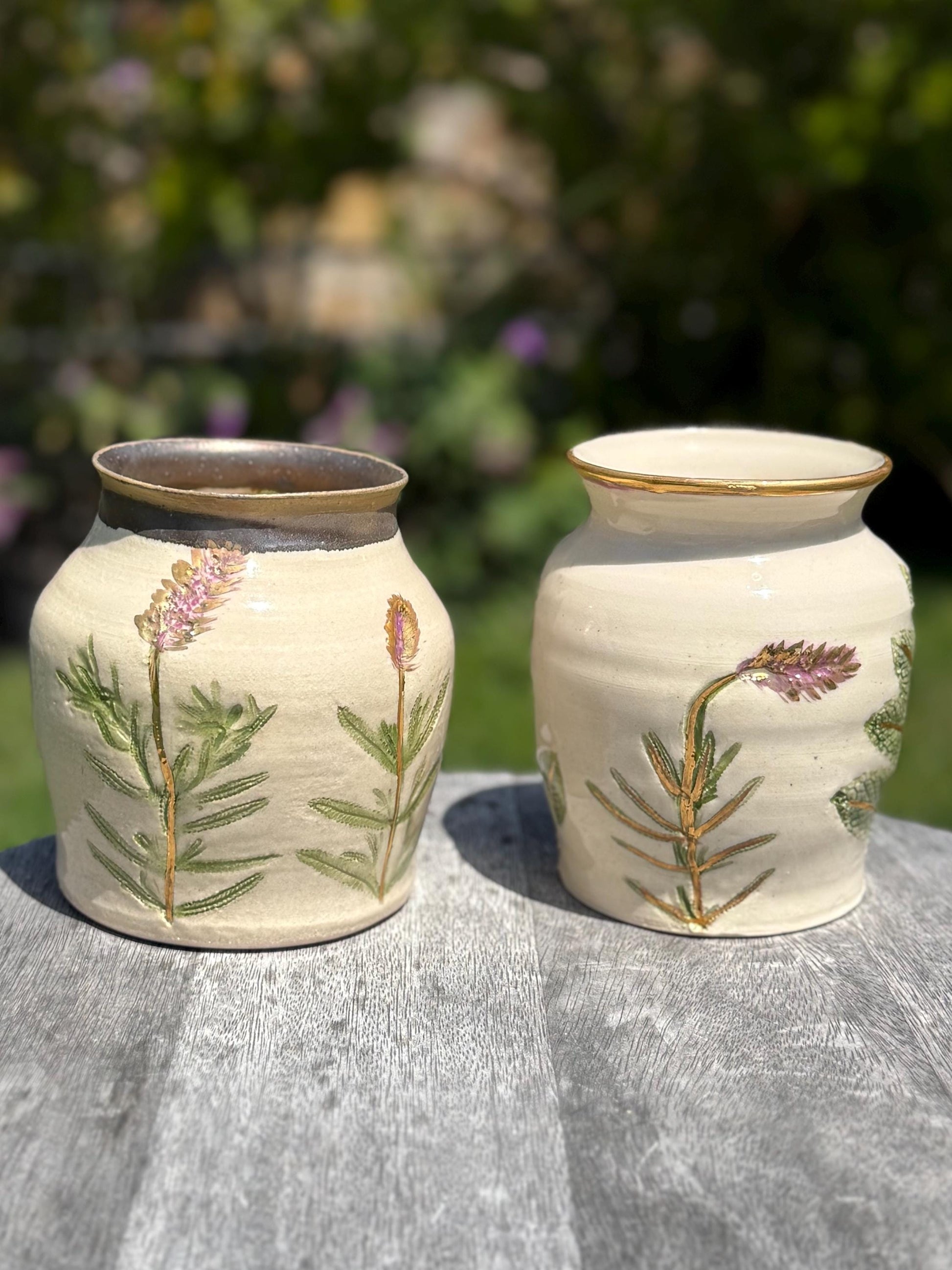 Vases with Pressed Lavender & Herbs Plant Impressions and Hand-Painted 22 Karat Gold