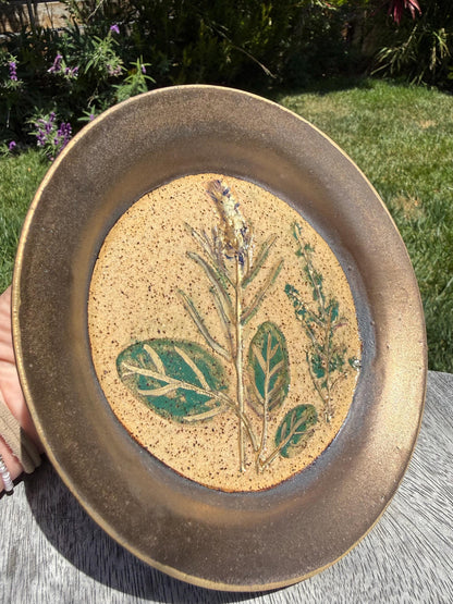 Handmade Hand-painted Stoneware Plate: Pressed Lavender and Herbs