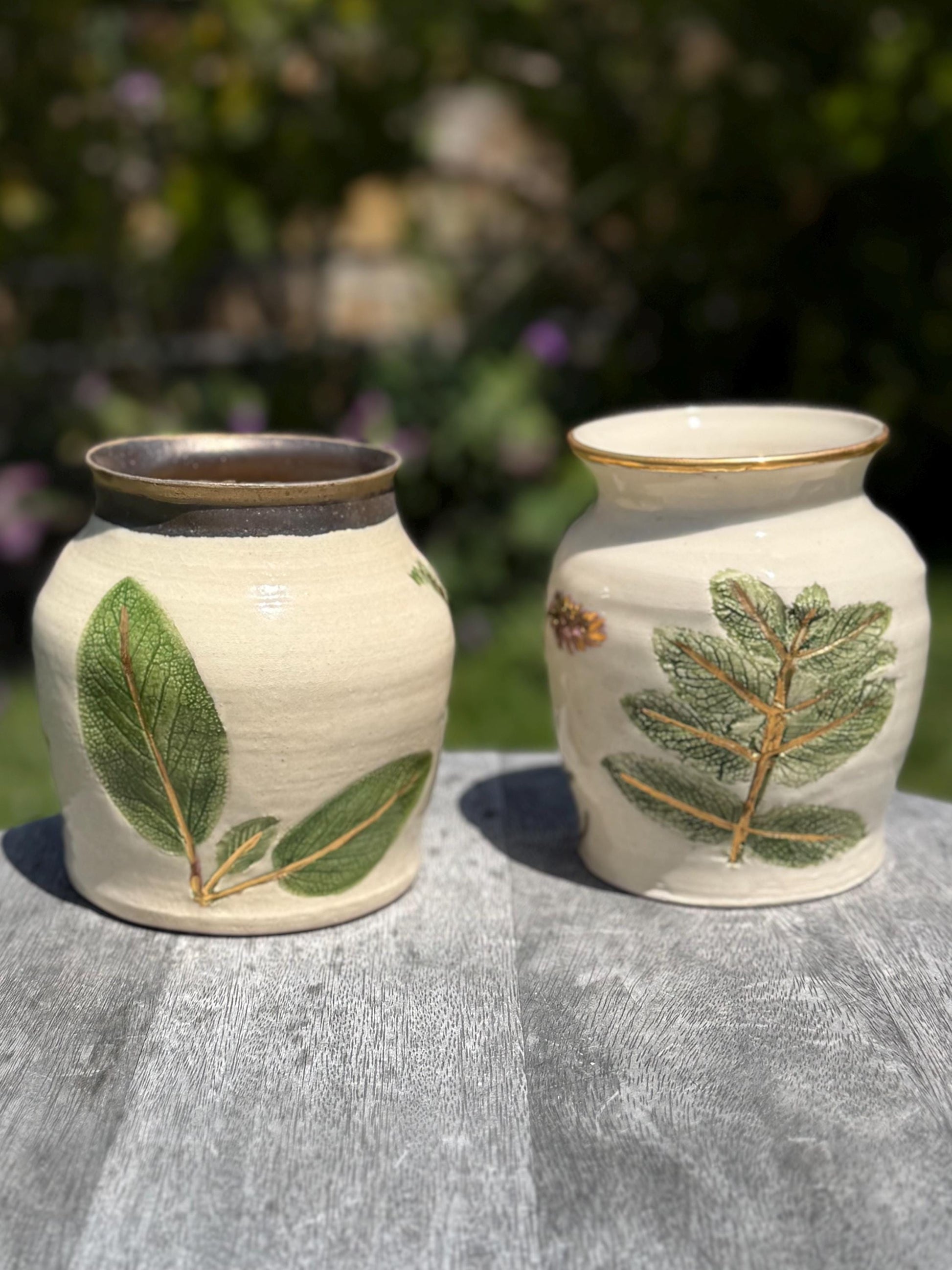 Vases with Pressed Lavender & Herbs Plant Impressions and Hand-Painted 22 Karat Gold
