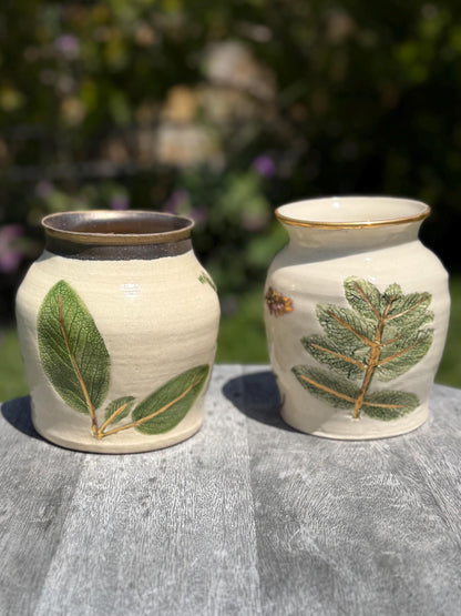 Vases with Pressed Lavender & Herbs Plant Impressions and Hand-Painted 22 Karat Gold
