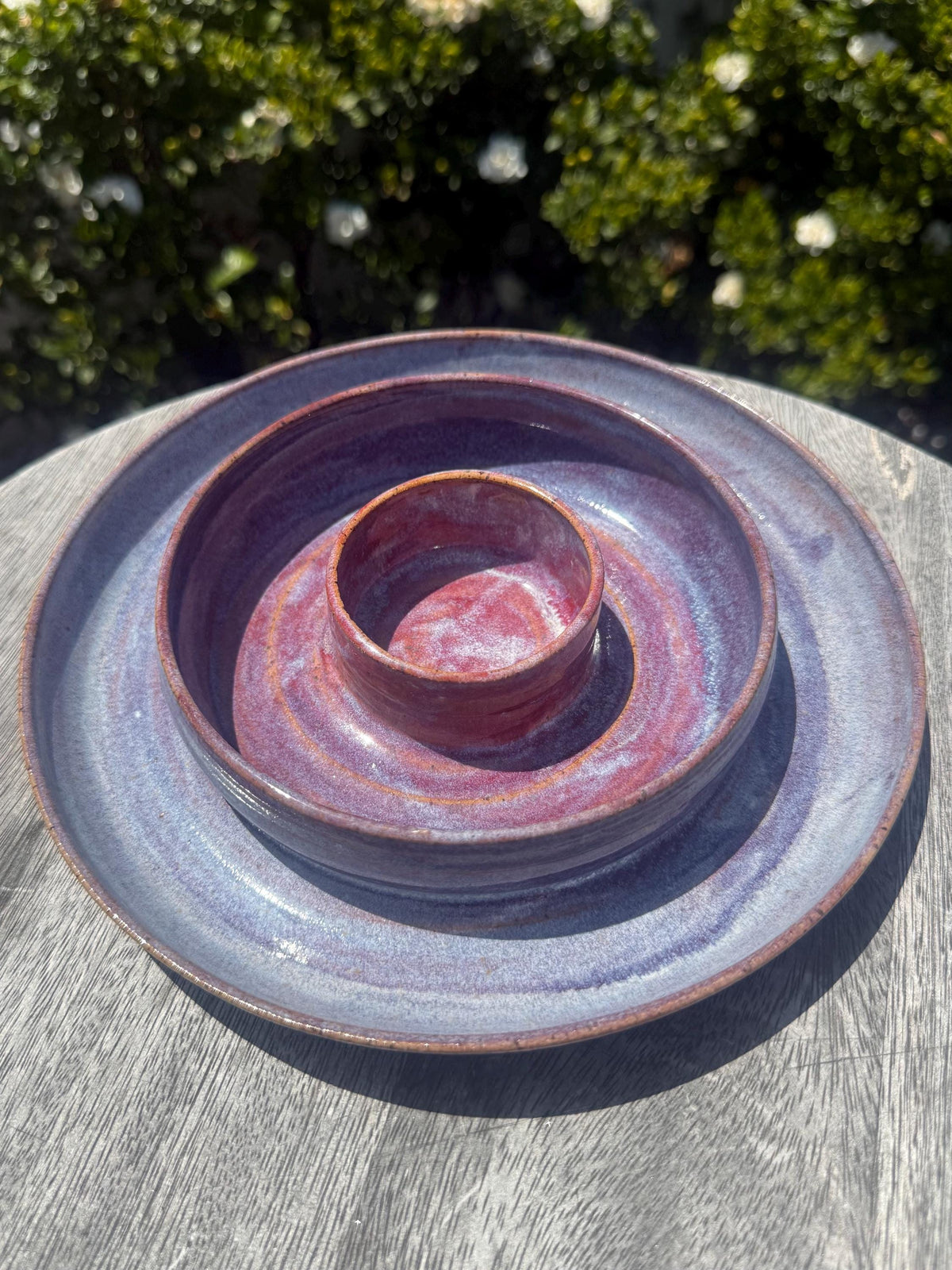 Chip n’ Dip Dish, 9” wide Dishwasher-Safe Charcuterie 3-compartment dish, Wheel-thrown Pottery