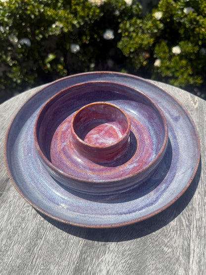 Chip n’ Dip Dish, 9” wide Dishwasher-Safe Charcuterie 3-compartment dish, Wheel-thrown Pottery