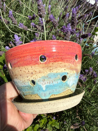 Colander Berry Bowl with Built-in Saucer, Pottery