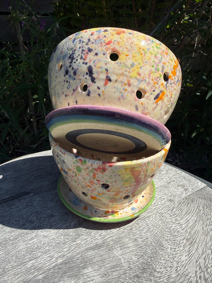 Colander Berry Bowl with Built-in Saucer, Pottery