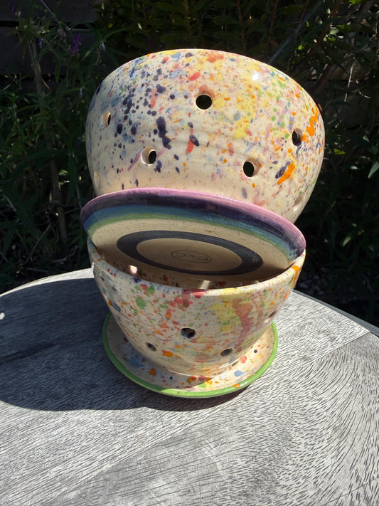 Colander Berry Bowl with Built-in Saucer, Pottery