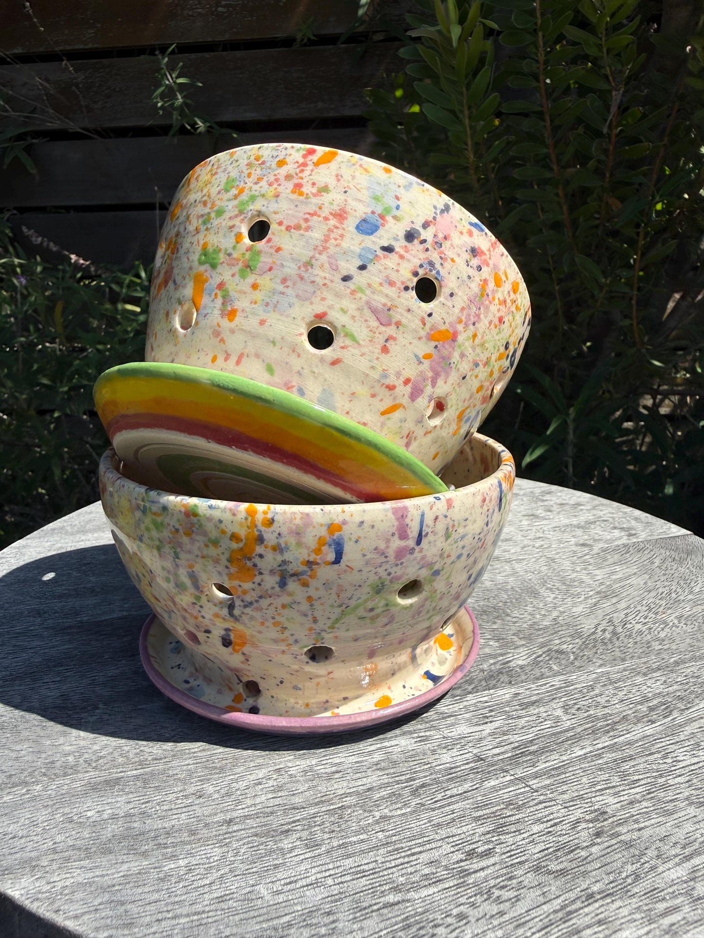 Colander Berry Bowl with Built-in Saucer, Pottery