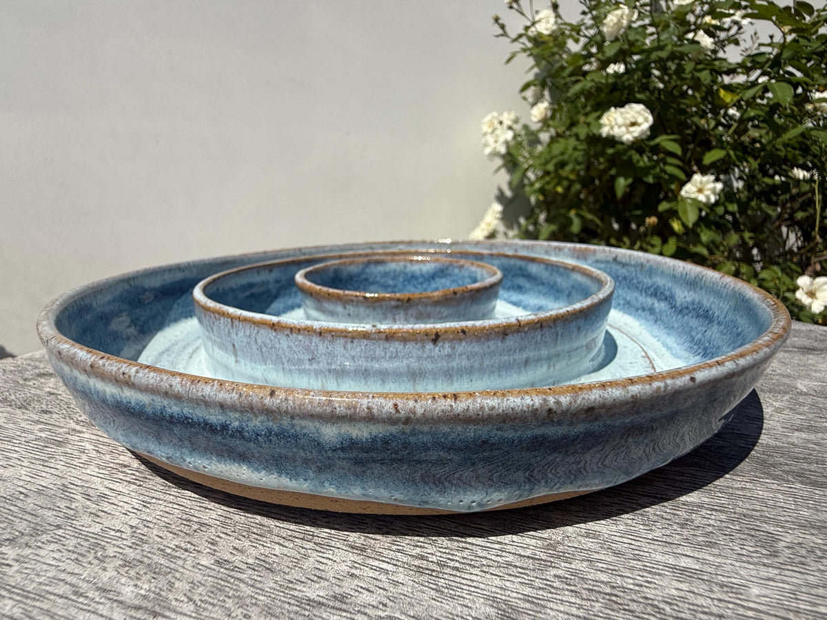 Chip n’ Dip Dish, 9” wide Dishwasher-Safe Charcuterie 3-compartment dish, Wheel-thrown Pottery