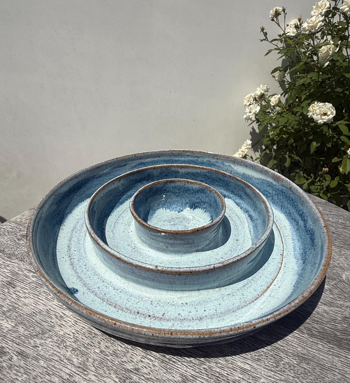 Chip n’ Dip Dish, 9” wide Dishwasher-Safe Charcuterie 3-compartment dish, Wheel-thrown Pottery