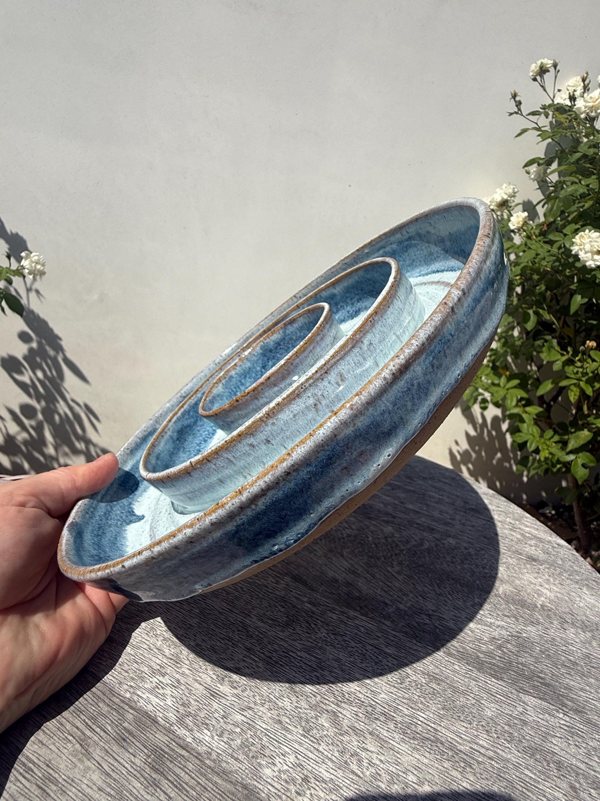 Chip n’ Dip Dish, 9” wide Dishwasher-Safe Charcuterie 3-compartment dish, Wheel-thrown Pottery