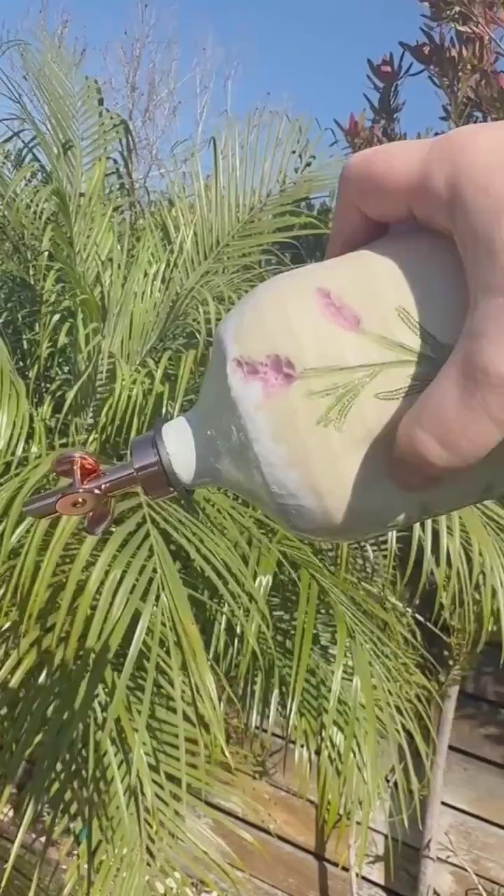 Olive Oil Vinegar Bottle Ceramic Cruet with Spout, Pressed Herbs & Lavender Floral, Beach Ocean