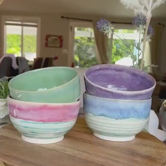 Summer Ombré Large Everyday Bowls for Cereal, Ice Cream, Soup — Handmade Wheel-thrown Stoneware Pottery, Colorful Pastel Glazed Ceramics